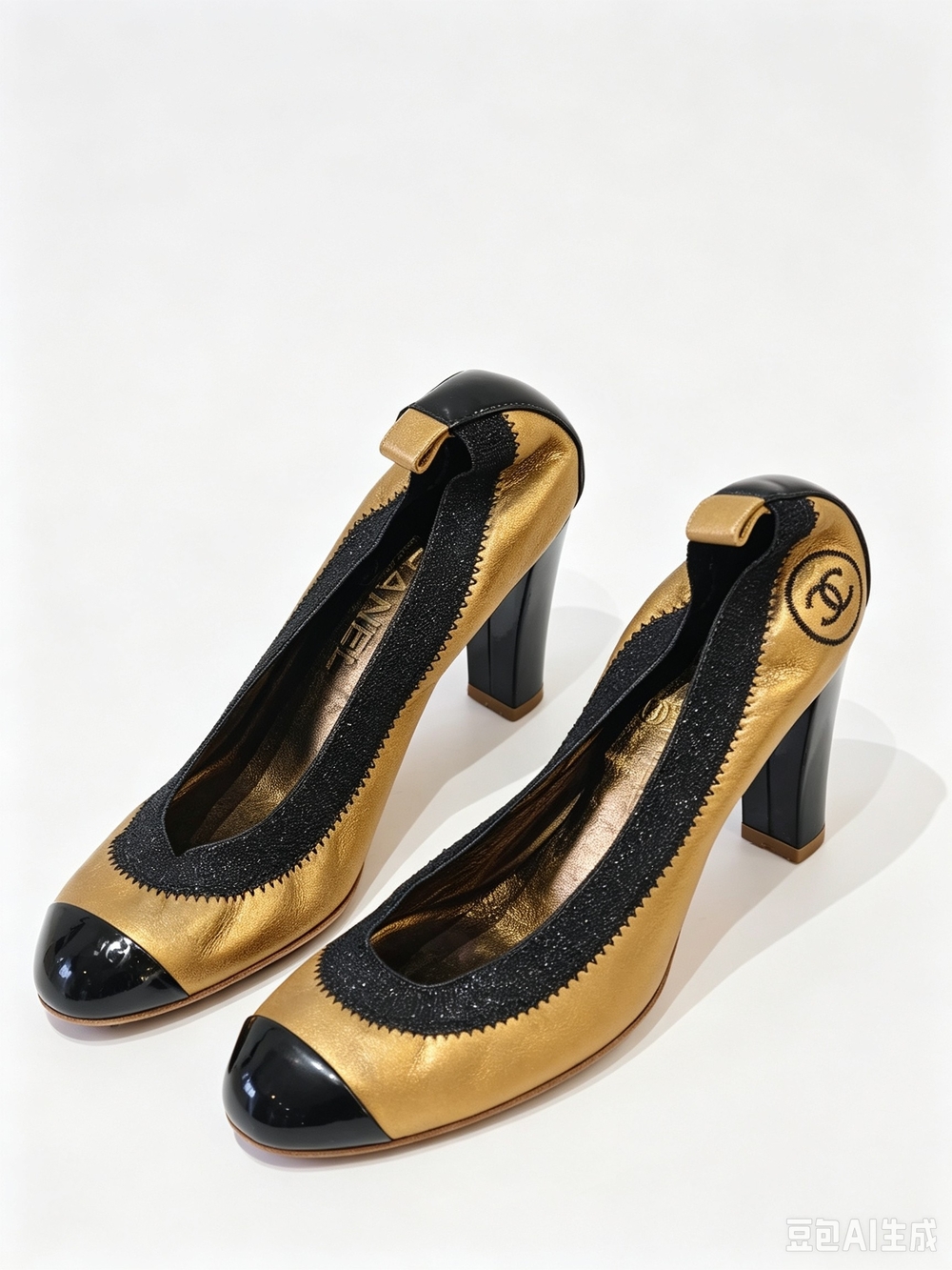 Chanel Gold and Black Cap-Toe Block Heel Pumps